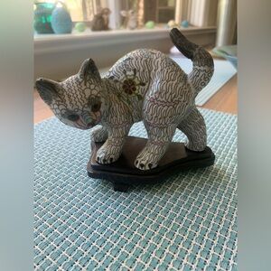 Vintage Chinese White Cloisonne Copper Brass Enamel Cat Figurine Statue 4"